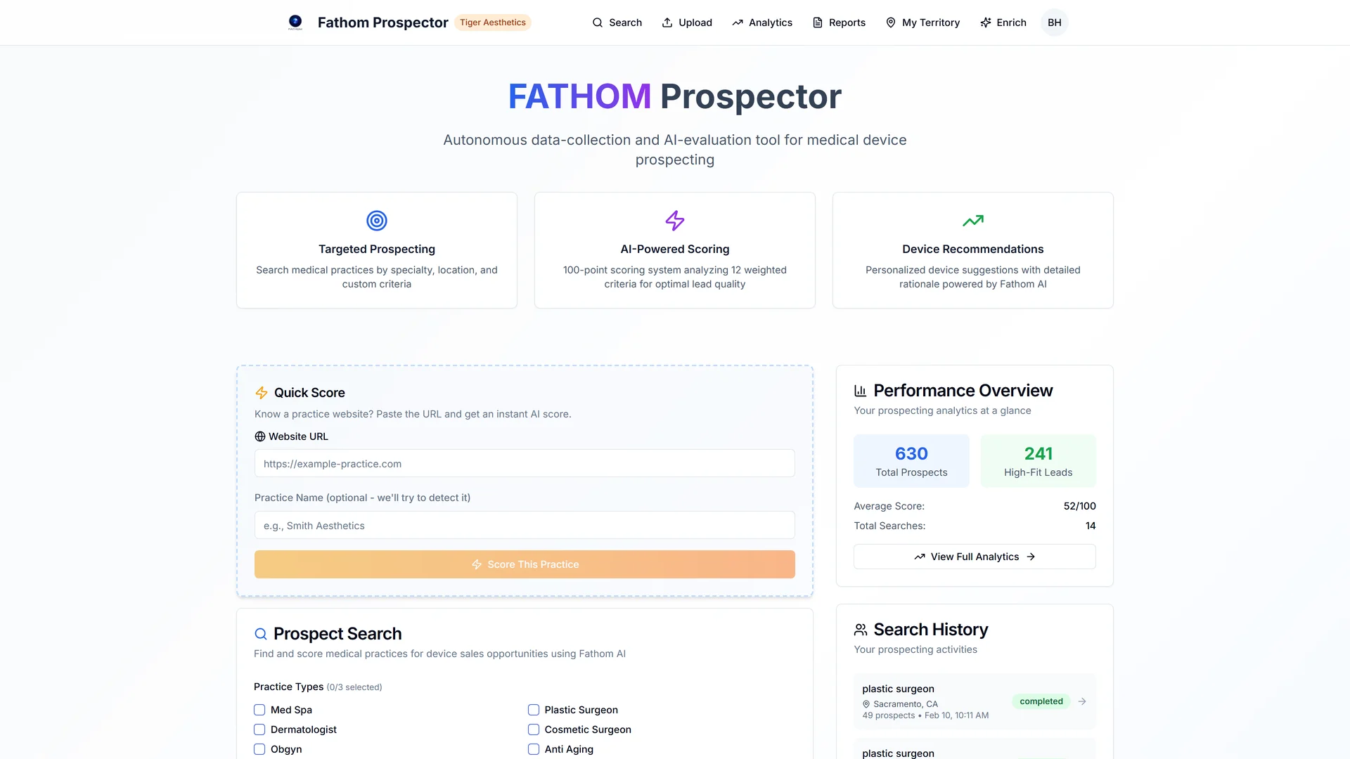 Fathom Prospector Dashboard - AI-powered search interface for medical device sales