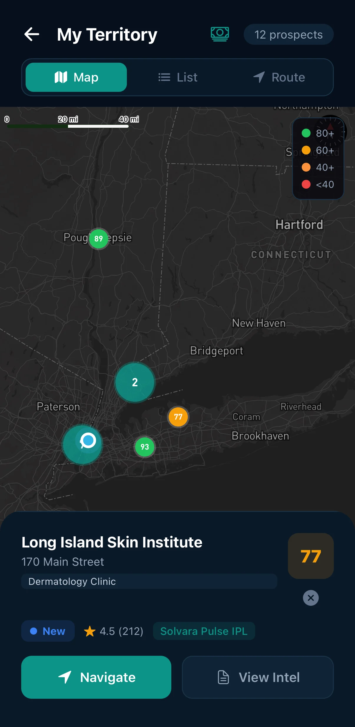 The Fathom field app territory map — scored practices pinned across the territory, with the selected account showing its score, rating, and recommended product