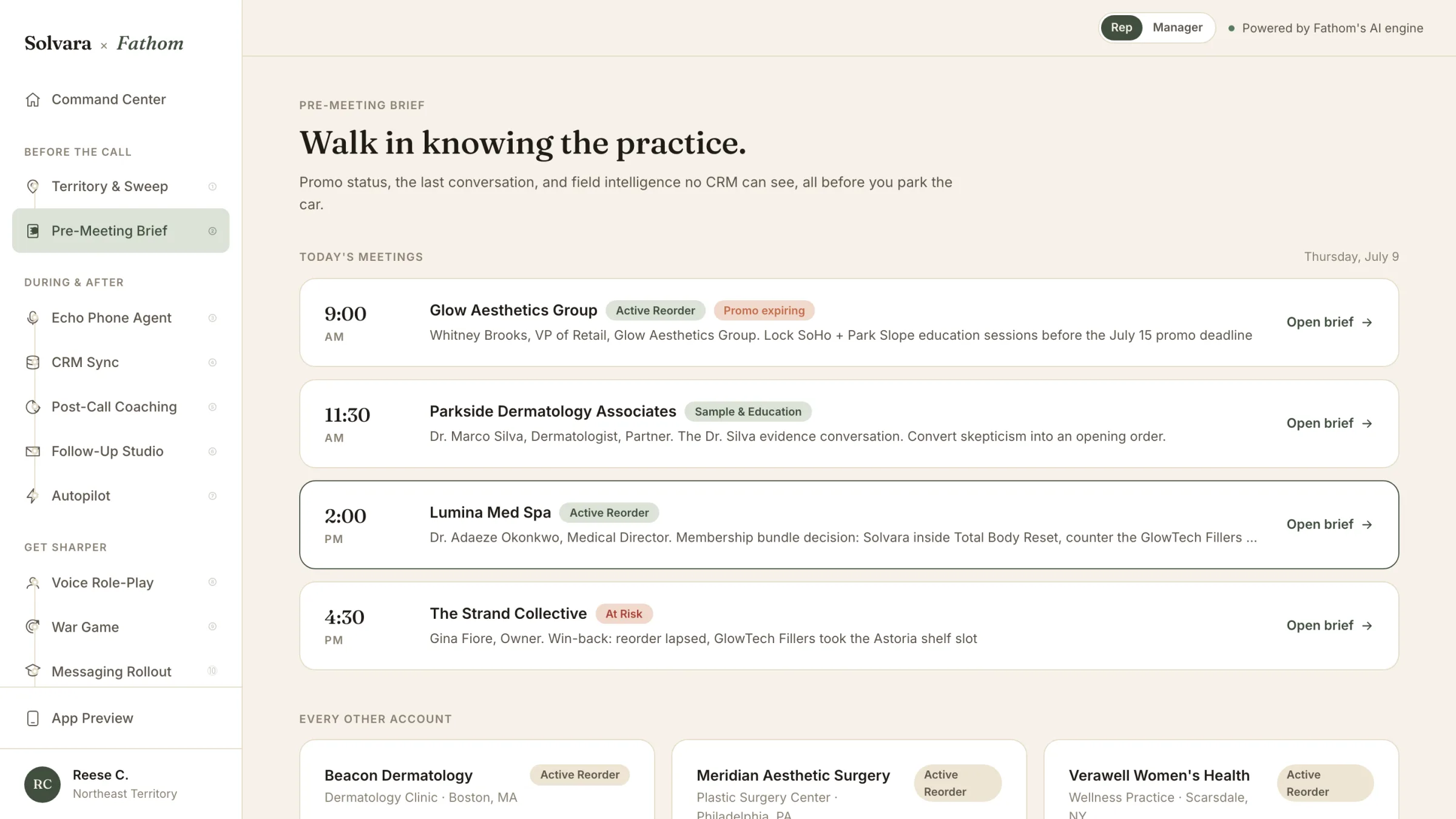 Fathom pre-meeting brief — every account on the day's schedule with promo status, the last conversation, and field intelligence assembled before the rep arrives