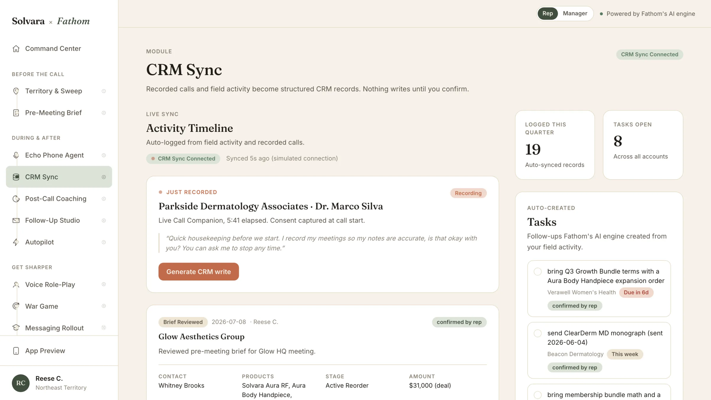 Fathom CRM Sync — an activity timeline auto-logged from field activity and recorded calls, with auto-created follow-up tasks awaiting rep confirmation