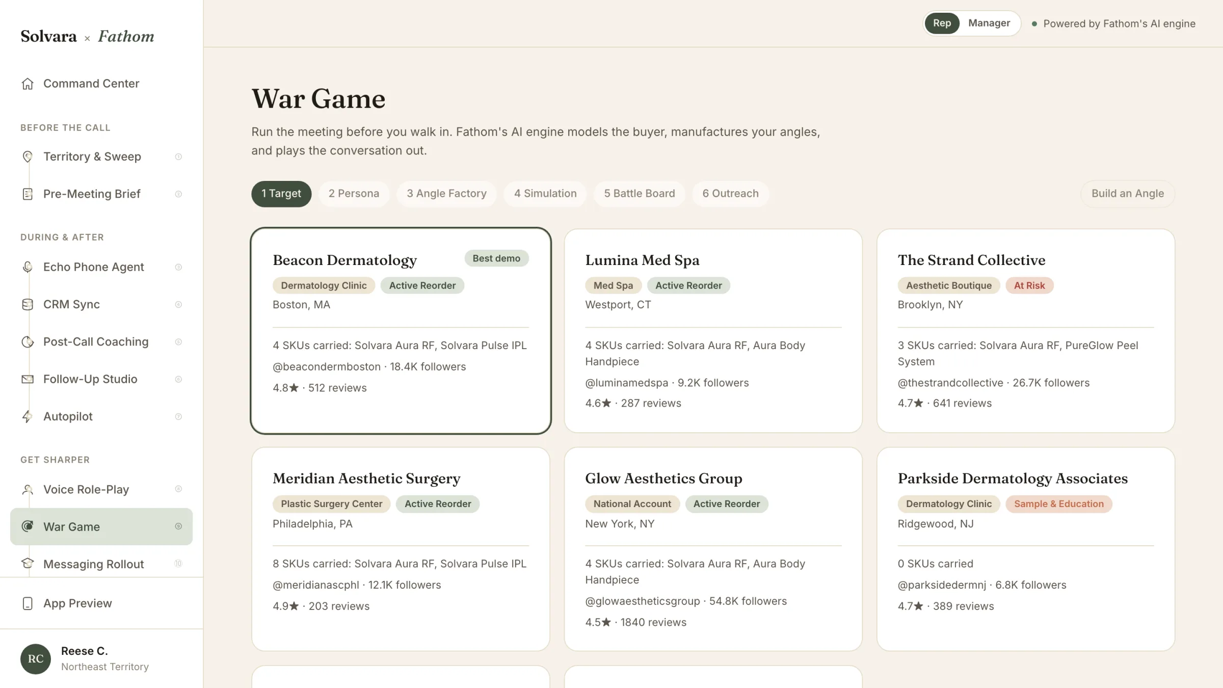 Fathom War Game — target accounts modeled from live evidence including SKUs carried, social reach, and review velocity, feeding a persona and angle factory